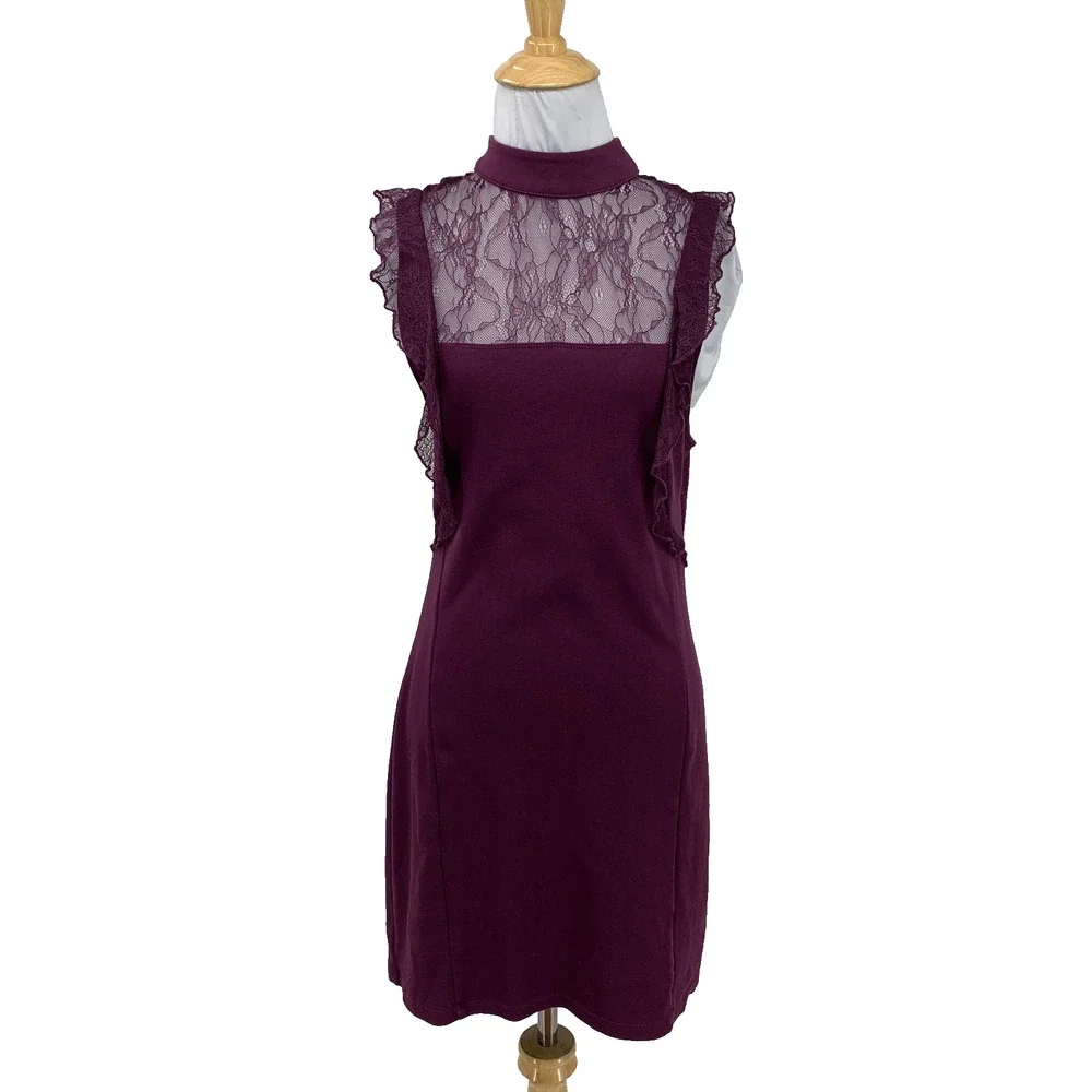 Free People Dress Women M Medium Eggplant Beaumont Muse Ruffled Lace Trim Sheath